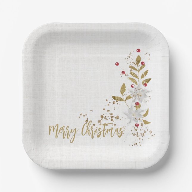 Classy White Poinsettia White Linen Gold Glitter Paper Plate (Front)