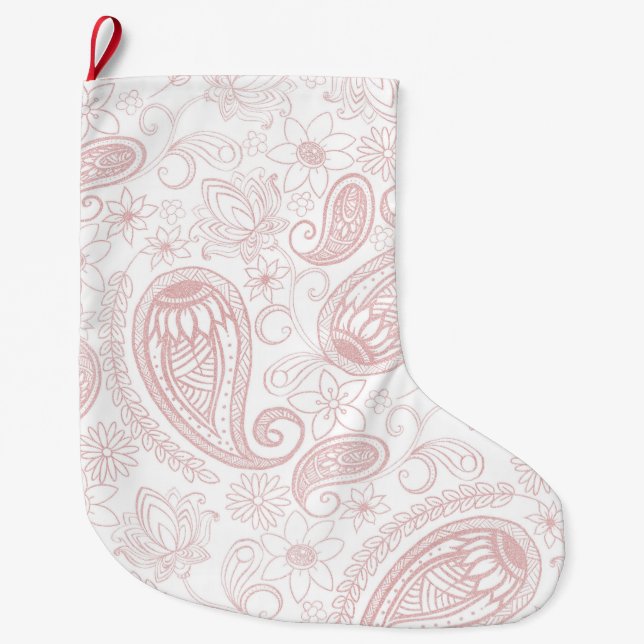 Classy White Rose Gold Glitter Paisley Floral Large Christmas Stocking (Front)
