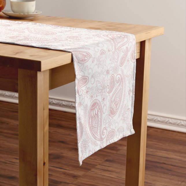 Classy White Rose Gold Glitter Paisley Floral Short Table Runner (In Situ)