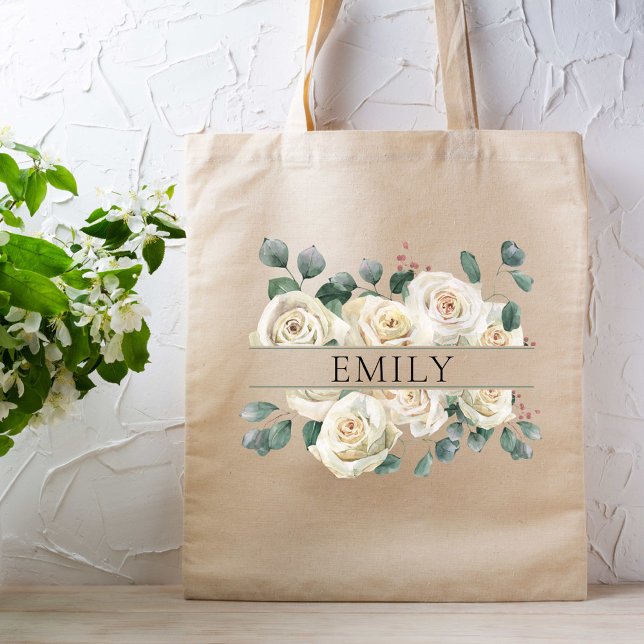 Classy White Roses Bridesmaid Custom Name Tote Bag (Creator Uploaded)