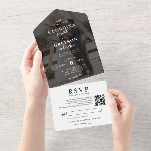 Classy White RSVP Photo QR Code Wedding All In One Invitation (Tearaway)