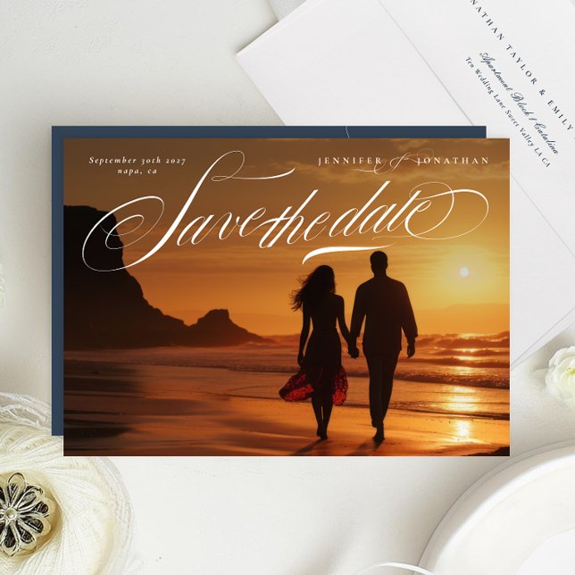 Classy White Script Photo Wedding Save The Date (Creator Uploaded)