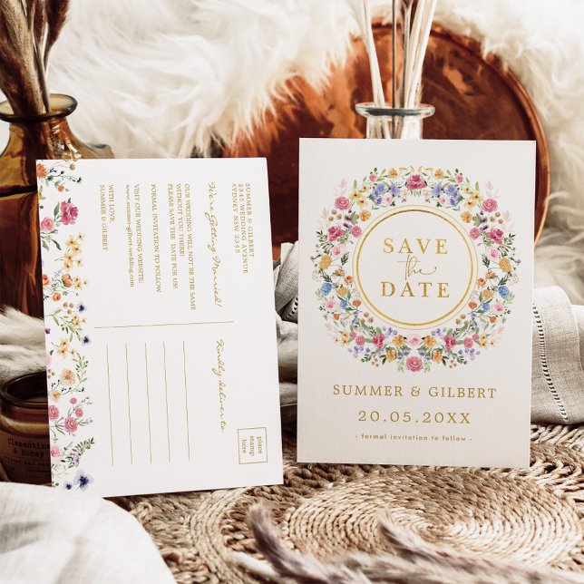 Classy Wildflower Garden Wreath Save the Date Announcement Postcard (Creator Uploaded)