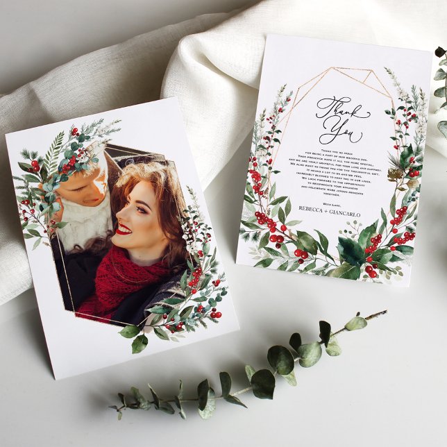 Classy Winter Greenery Red Berries Photo Thank You Card (Creator Uploaded)