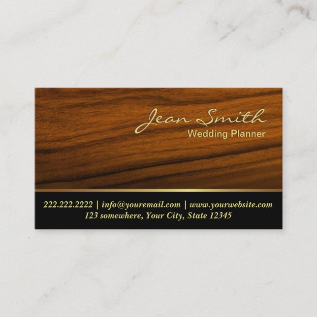 Classy Woodgrain Wedding Planner Business Card (Front)