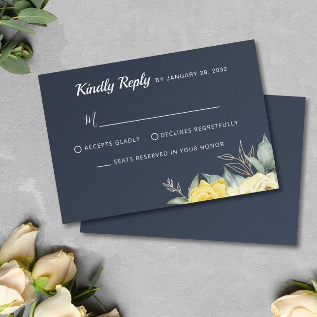 Classy yellow flowers greenery navy blue wedding RSVP card (Creator Uploaded)