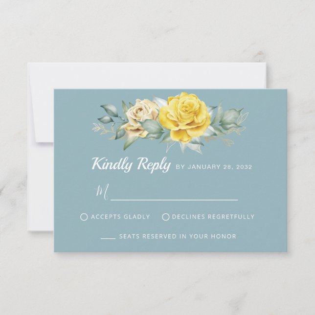 Classy yellow flowers greenery summer wedding RSVP (Front)
