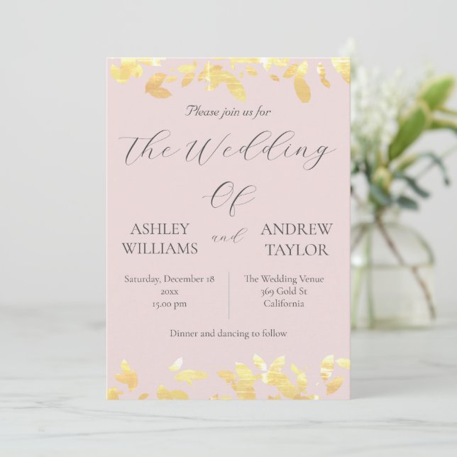 Classy Yellow Leaf Elegant Pastel Pink Wedding Invitation (Standing Front)