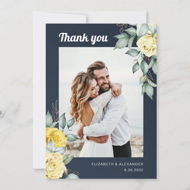 Classy yellow roses floral navy blue wedding photo thank you card (Front)