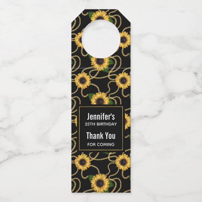 Classy Yellow Sunflowers Stylish Pattern Birthday Bottle Tag (Front)