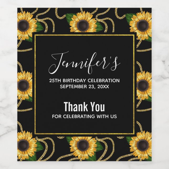 Classy Yellow Sunflowers Stylish Pattern Birthday Wine Label (Single Label)