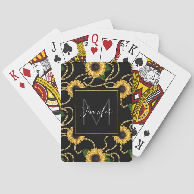 Classy Yellow Sunflowers Stylish Pattern Monogram Playing Cards (Back)