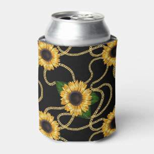 Classy Yellow Sunflowers Stylish Pattern on Black Can Cooler