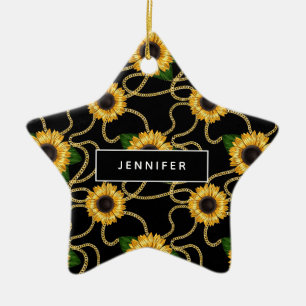 Classy Yellow Sunflowers Stylish Pattern on Black Ceramic Tree Decoration