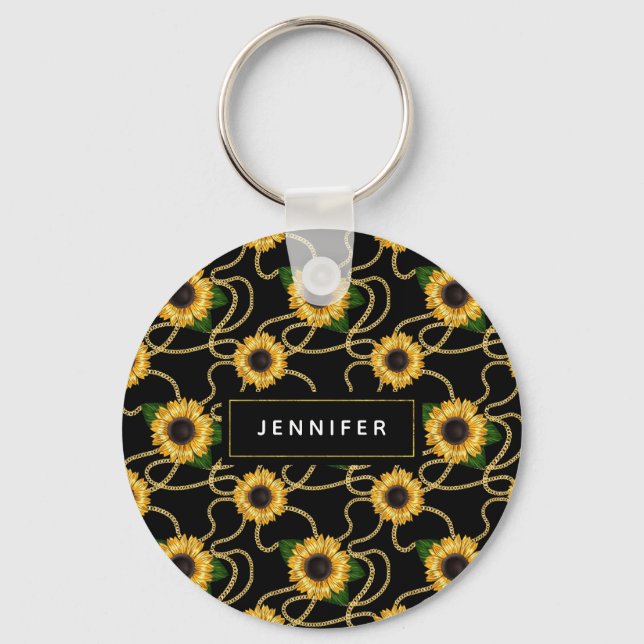 Classy Yellow Sunflowers Stylish Pattern on Black Key Ring (Front)