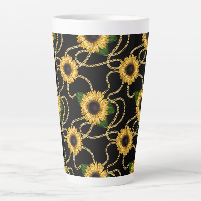 Classy Yellow Sunflowers Stylish Pattern on Black Latte Mug (Front)