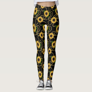 Classy Yellow Sunflowers Stylish Pattern on Black Leggings