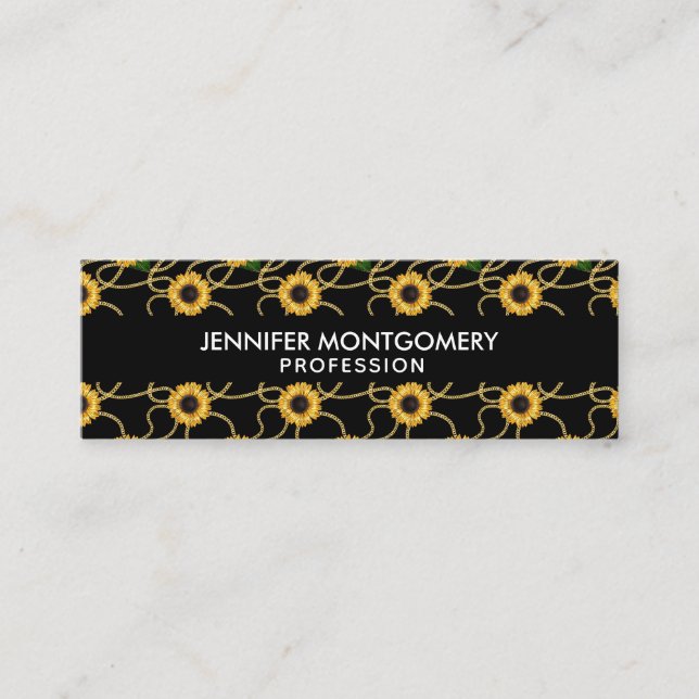 Classy Yellow Sunflowers Stylish Pattern on Black Mini Business Card (Front)