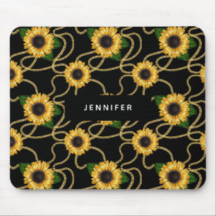 Classy Yellow Sunflowers Stylish Pattern on Black Mouse Mat