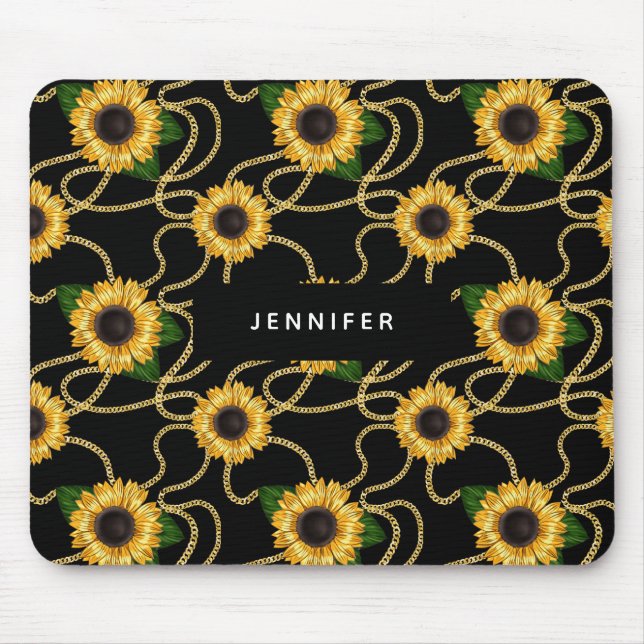 Classy Yellow Sunflowers Stylish Pattern on Black Mouse Mat (Front)