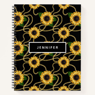Classy Yellow Sunflowers Stylish Pattern on Black Notebook