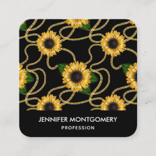 Classy Yellow Sunflowers Stylish Pattern on Black Square Business Card