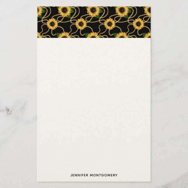 Classy Yellow Sunflowers Stylish Pattern on Black Stationery (Front)