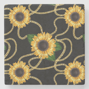 Classy Yellow Sunflowers Stylish Pattern on Black Stone Coaster