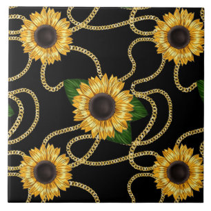 Classy Yellow Sunflowers Stylish Pattern on Black Tile