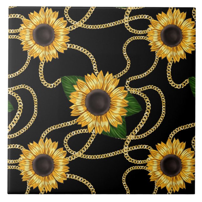 Classy Yellow Sunflowers Stylish Pattern on Black Tile (Front)