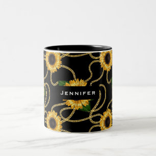 Classy Yellow Sunflowers Stylish Pattern on Black Two-Tone Coffee Mug