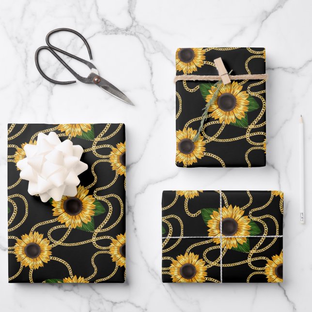 Classy Yellow Sunflowers Stylish Pattern on Black Wrapping Paper Sheet (Front)