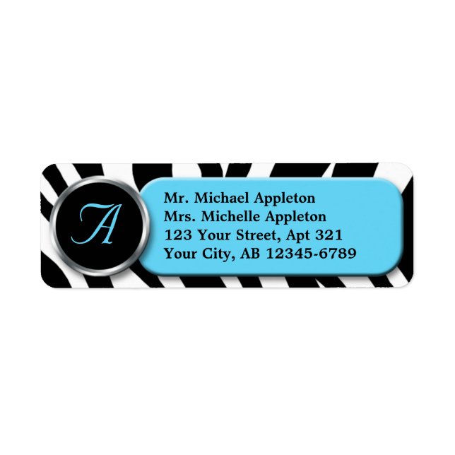 Classy Zebra Print Aqua Monogram Address Labels (Front)