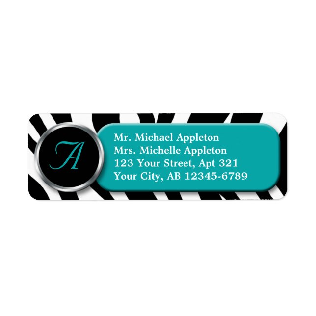 Classy Zebra Print Teal Monogram Address Labels (Front)