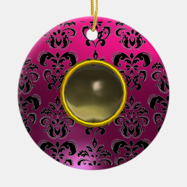 CLASSYBLACK  PINK PURPLE FUCHSIA DAMASK GEM CERAMIC TREE DECORATION (Front)