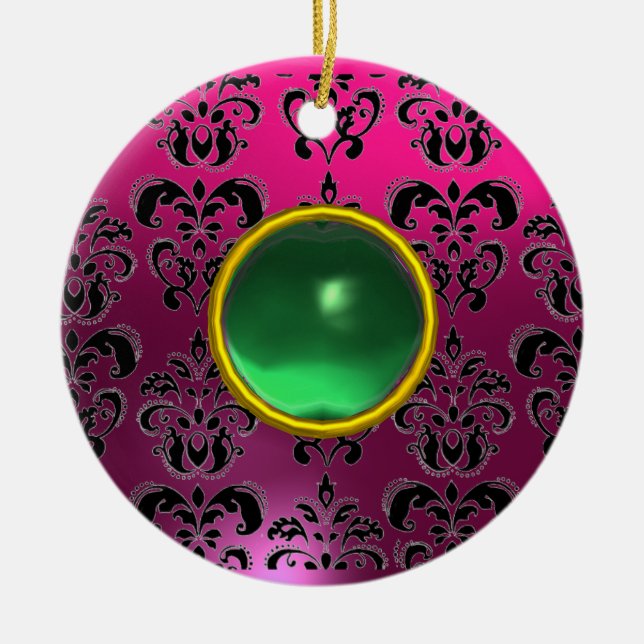 CLASSYBLACK  PINK PURPLE FUCHSIA DAMASK GEM CERAMIC TREE DECORATION (Front)