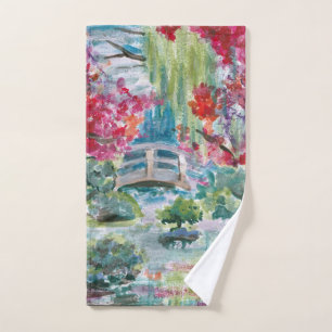 Claude Monet garden pond bridge painting Hand Towel
