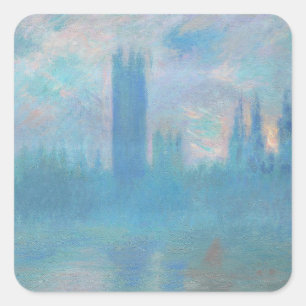 Claude Monet Houses of Parliament London. Blue Square Sticker