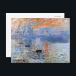 Claude Monet Impression Sunrise Classic Painting Postcard<br><div class="desc">Claude Monet's "Impression, Sunrise" is a seminal work that epitomises the Impressionist movement. Painted in 1872, the canvas captures the ephemeral quality of light and atmosphere at the break of dawn in the port city of Le Havre, France. Monet uses loose, rapid brushstrokes to convey the transient effects of the...</div>