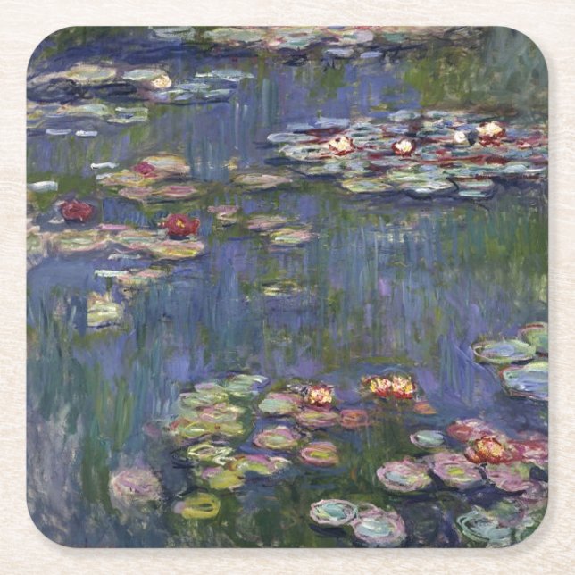 Claude Monet Impressionist Water Lillies Painting Square Paper Coaster (Front)