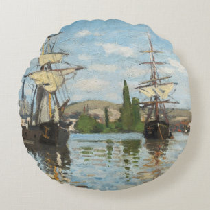 Claude Monet Ships Riding on the Seine at Rouen Round Cushion