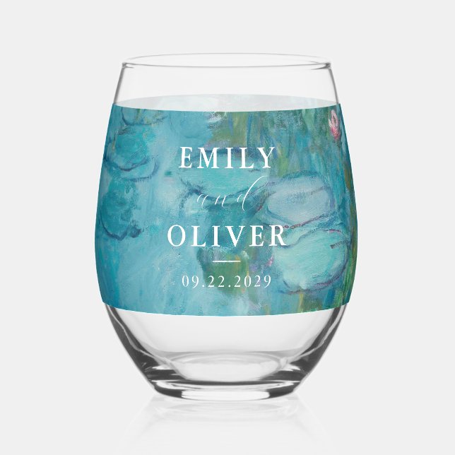 Claude Monet Water Lilies Wedding Stemless Wine Glass (Front)