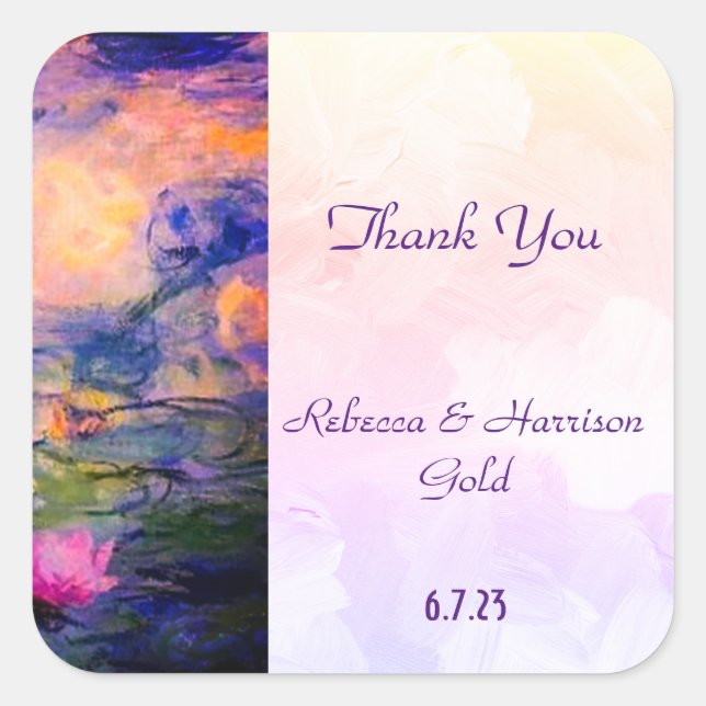 Claude Monet Water lilies Wedding Thank You Square Sticker (Front)