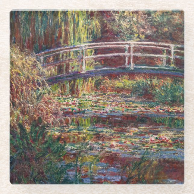 Claude Monet - Water Lily pond, Pink Harmony Glass Coaster (Front)