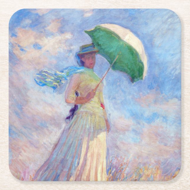 Claude Monet - Woman with a Parasol facing right Square Paper Coaster (Front)