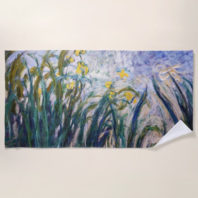 Claude Monet - Yellow and Purple Irises Beach Towel (Front)