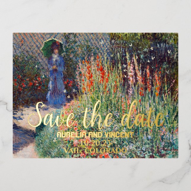 Claude Monet's Flower Bed save the date painting Foil Invitation Postcard (Front)