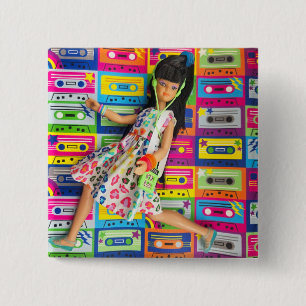 Claudia and her colourful cassettes 15 cm square badge