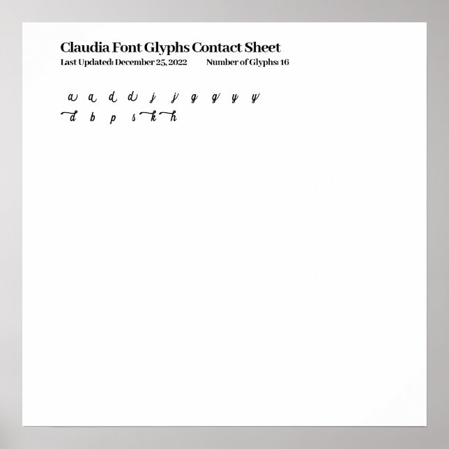 Claudia Font Glyphs Contact Sheet Poster (Front)