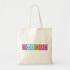 Bag featuring the name Claudio spelled out in symbols of the chemical elements